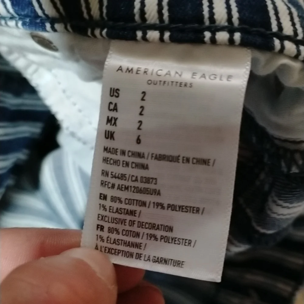 American Eagle Outfitters Navy and White Striped High-Rise Denim Shorts